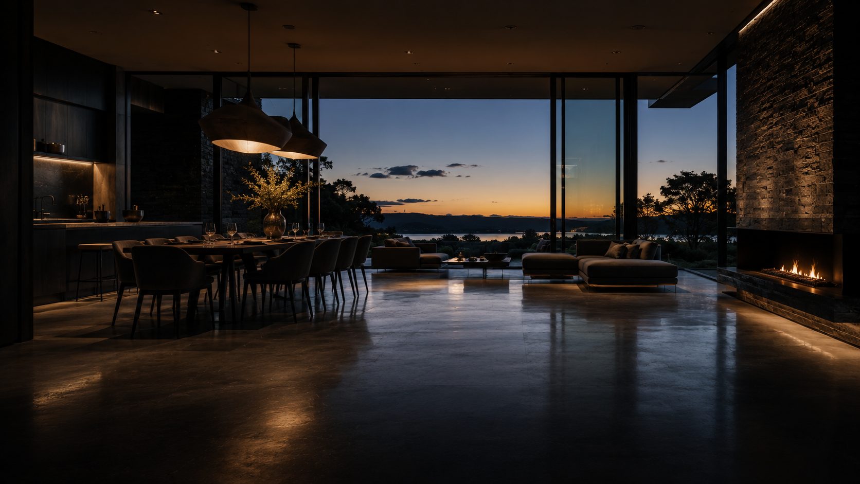 Luxury open-plan interior at dusk, polished concrete, outdoor terrace, sunset horizon